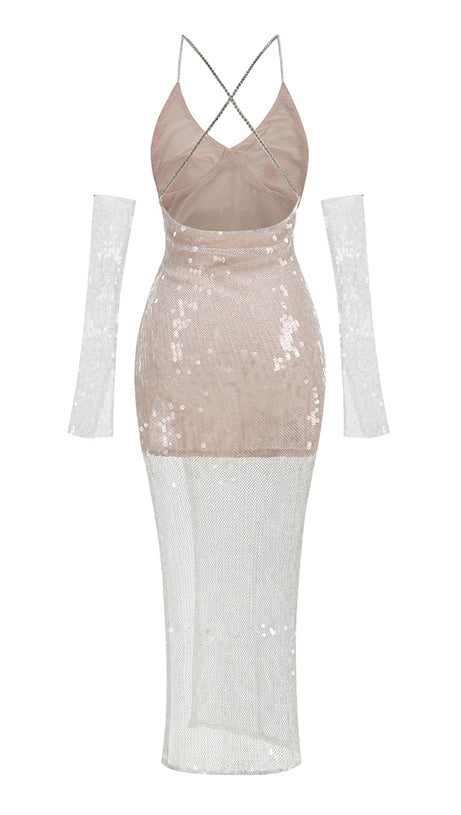 ABITO MIDI CON SPALLINE INCROCIATE IN RETE DI PAILLETTES E GUANTI