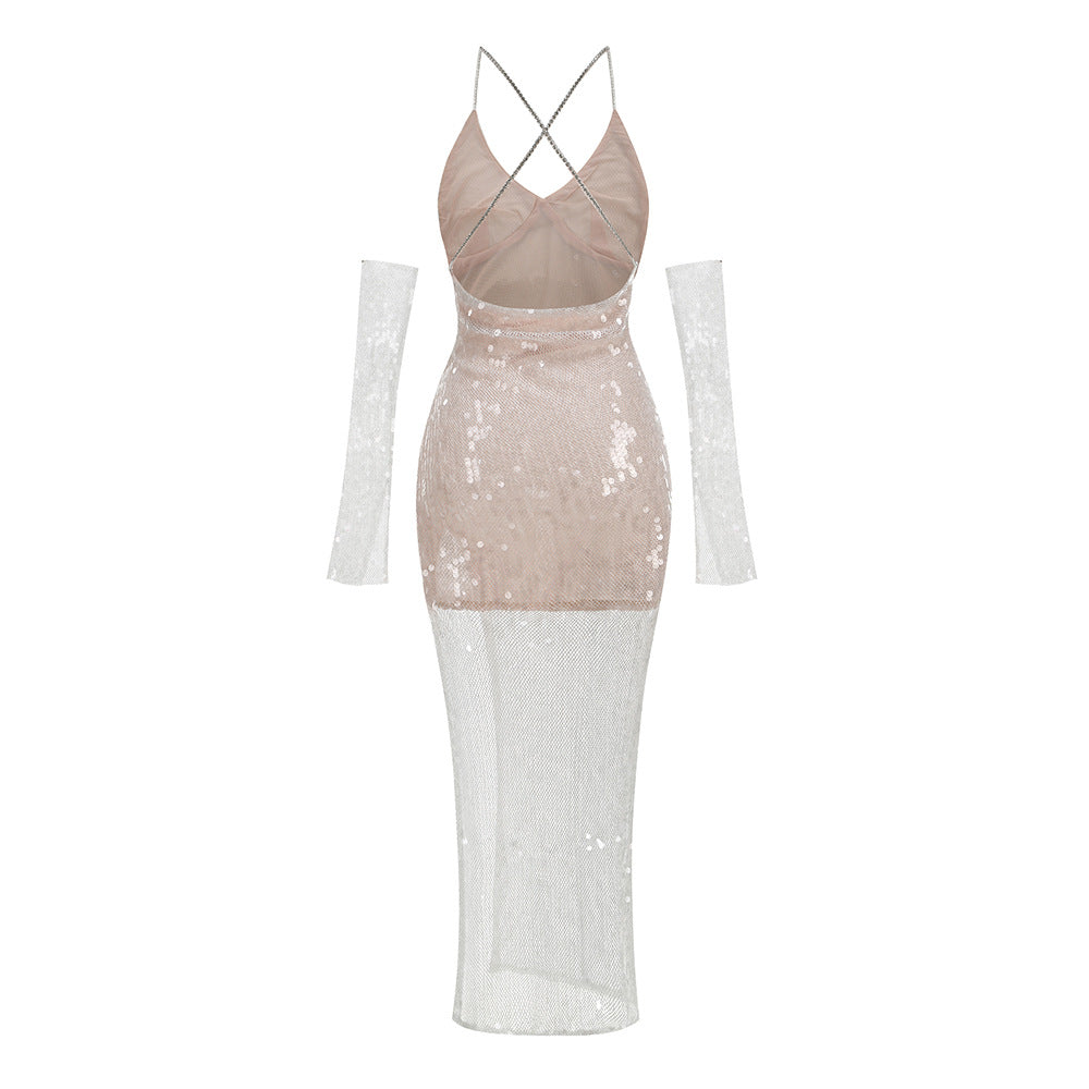 AIIZIE SEQUIN MESH CROSS - STRAP MIDI DRESS WITH GLOVES - product image