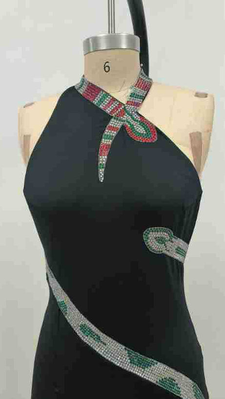 SNAKE STRAP CRYSTAL MAXI DRESS BLACK