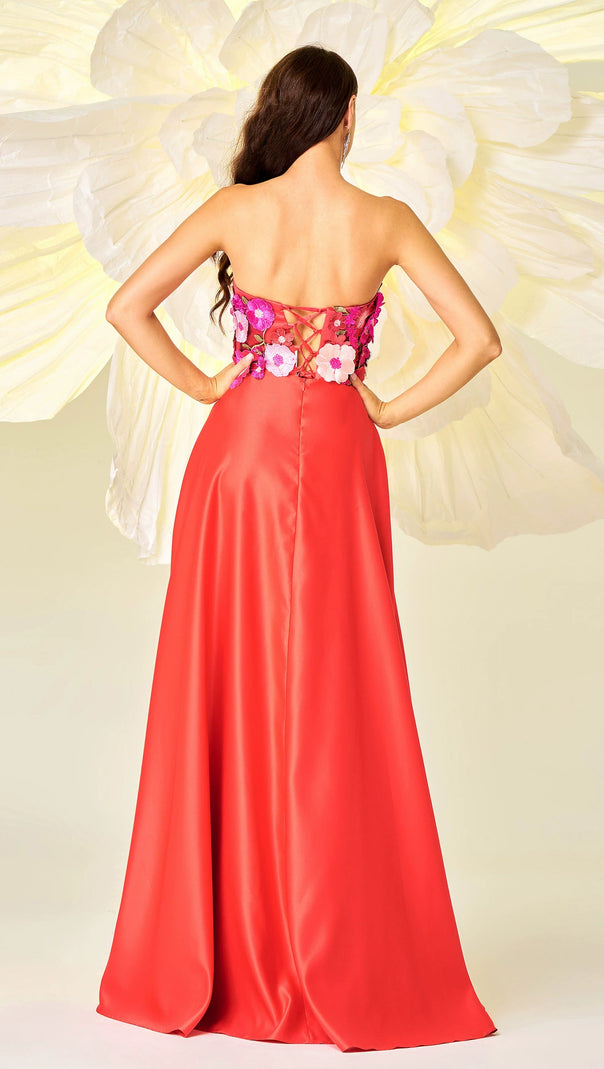 AIIZIE EMBROIDERED FLORAL STRAPLESS A-LINE MAXI DRESS IN RED - product image