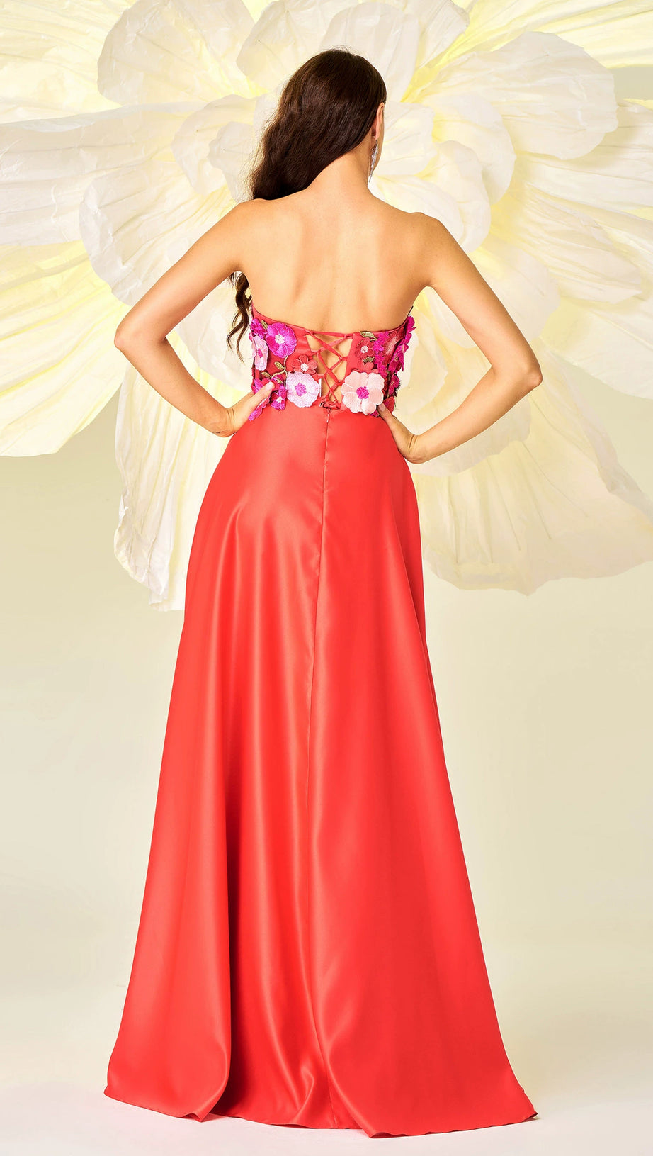 EMBROIDERED FLORAL STRAPLESS A-LINE MAXI DRESS IN RED