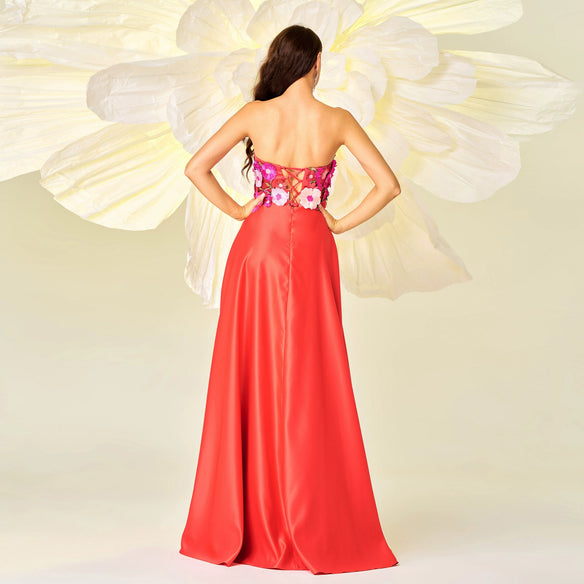 EMBROIDERED FLORAL STRAPLESS A-LINE MAXI DRESS IN RED
