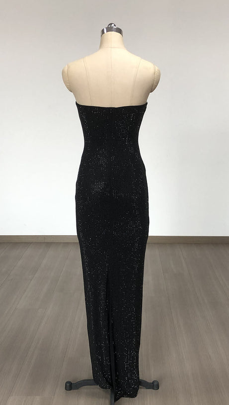 STRAPLESS RHINESTONE ROSE MAXI DRESS IN BLACK