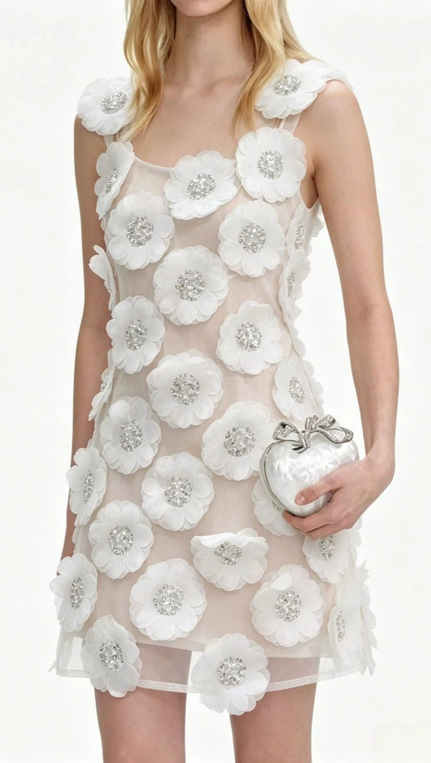 lola Rhinestone 3D Flowers mini dress - white