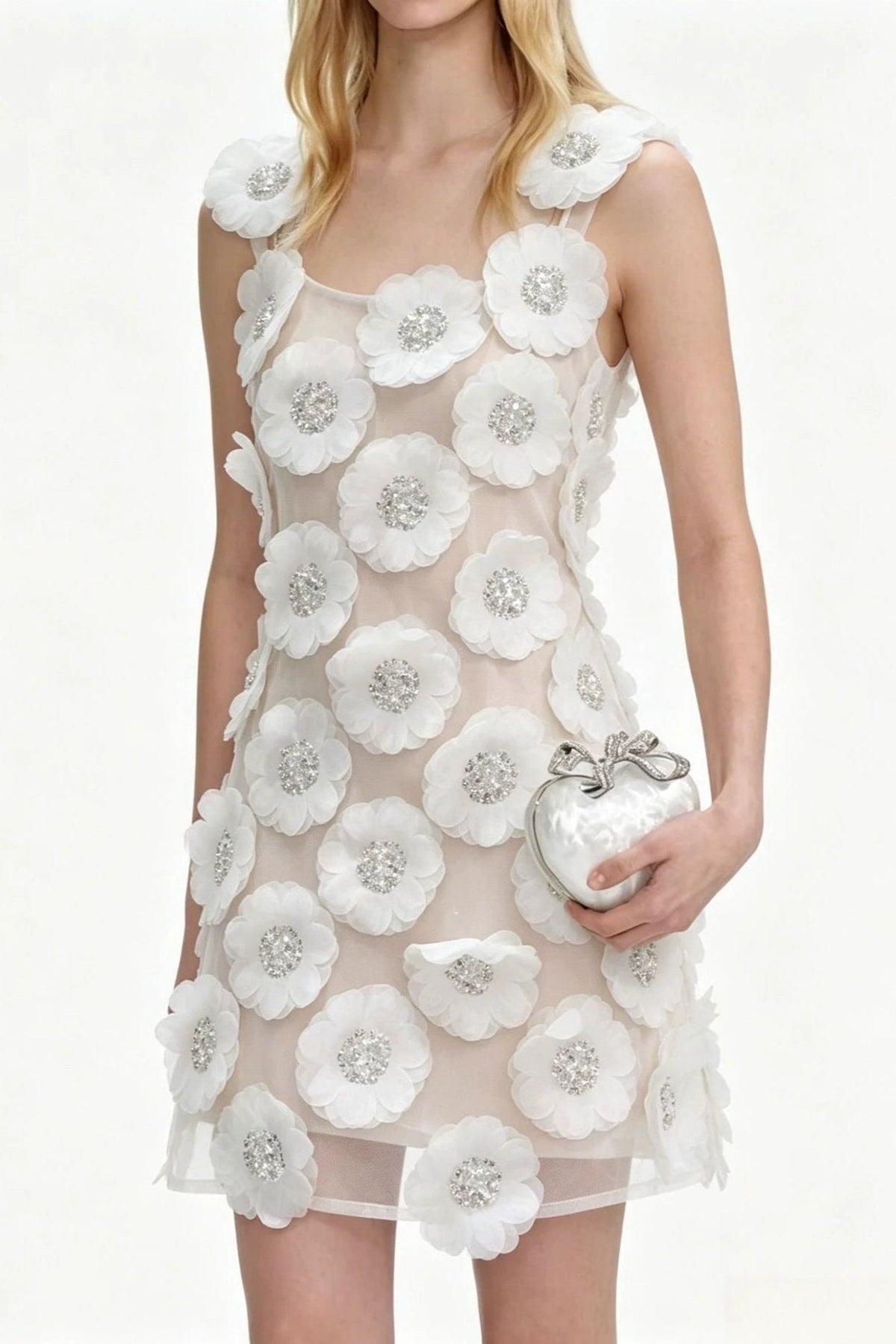 lola Rhinestone 3D Flowers mini dress - white