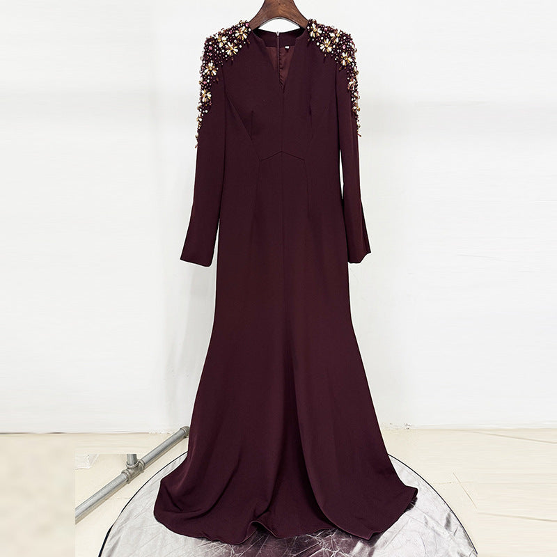 Lavender Beaded Mermaid Gown with Crystal Shoulder Accents