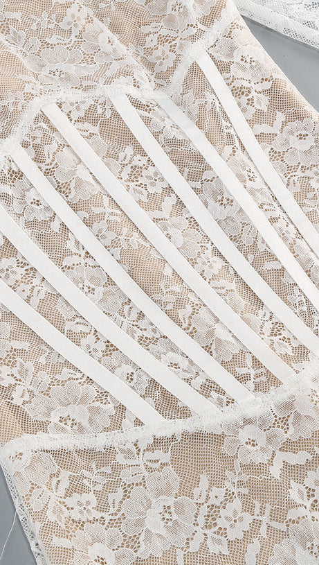 LACE JACQUARD FISHBONE BODYCON MINI DRESS IN WHITE