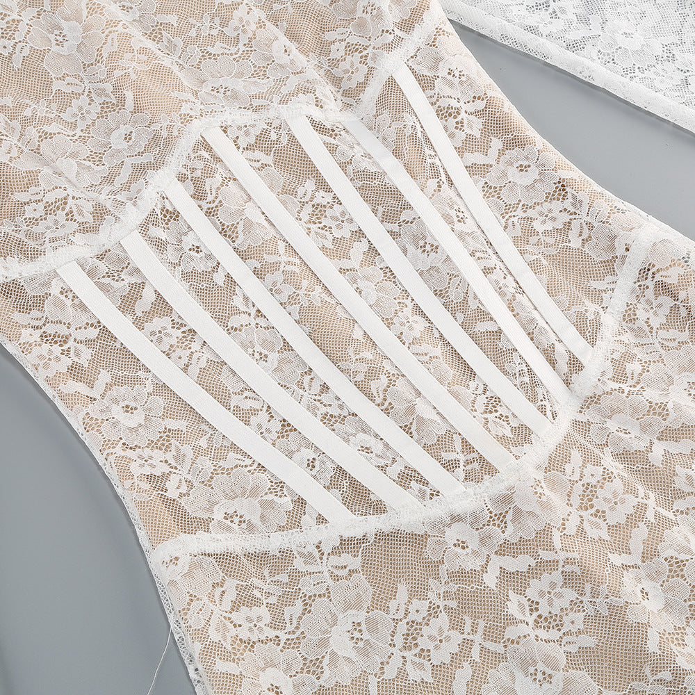 AIIZIE LACE JACQUARD FISHBONE BODYCON MINI DRESS IN WHITE - product image
