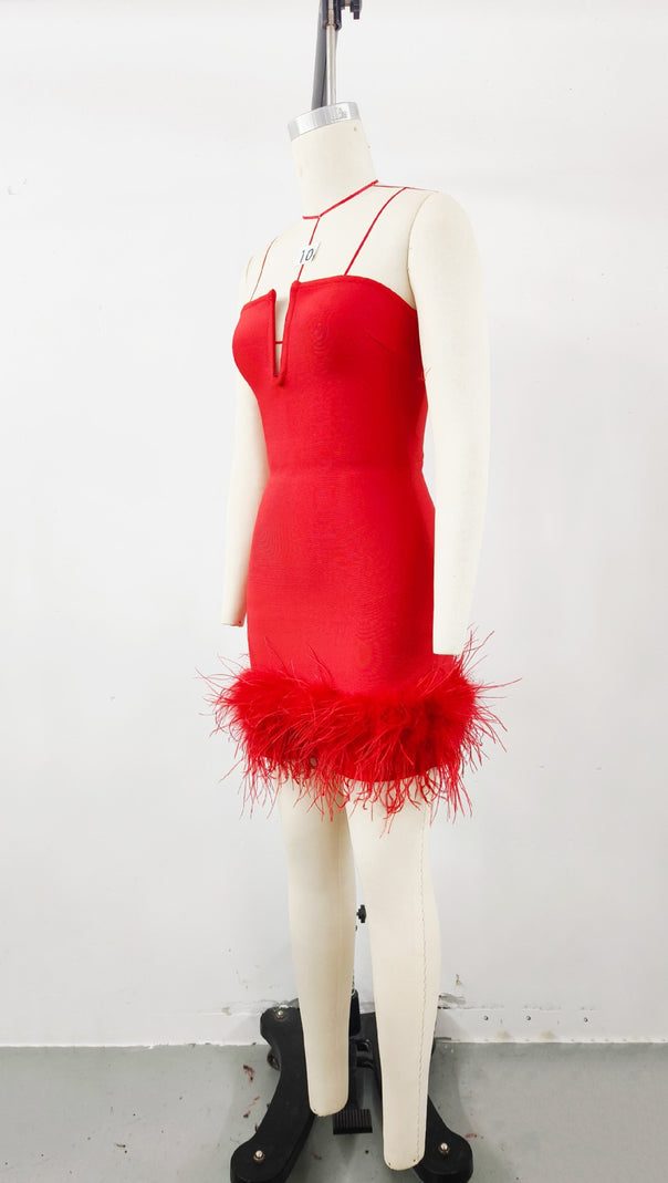 AIIZIE DEEP V TUBE TOP OSTRICH FEATHER HIP-WRAPPED MINI DRESS RED - product image