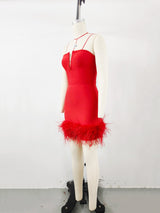 Deep V tube top ostrich feather hip-wrapped mini dress red