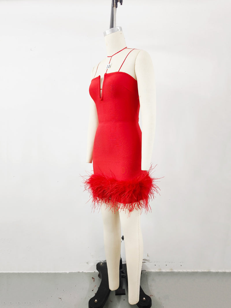 Deep V tube top ostrich feather hip-wrapped mini dress red