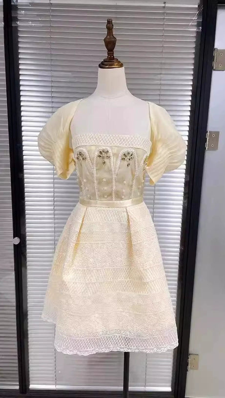 TERESA BEIGE A-LINE STRAIGHT ACROSS NECK LACE MINI DRESS