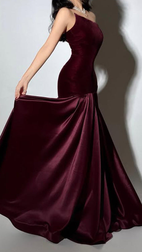 tiffany Irregular splicing strapless maxi dress  - burgundy