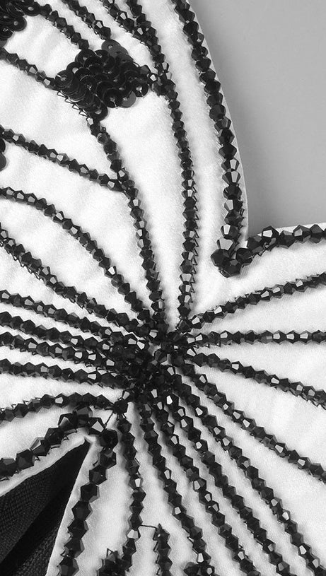 BUTTERFLY EMBROIDERED BODICE PUFFBALL MINI DRESS IN BLACK