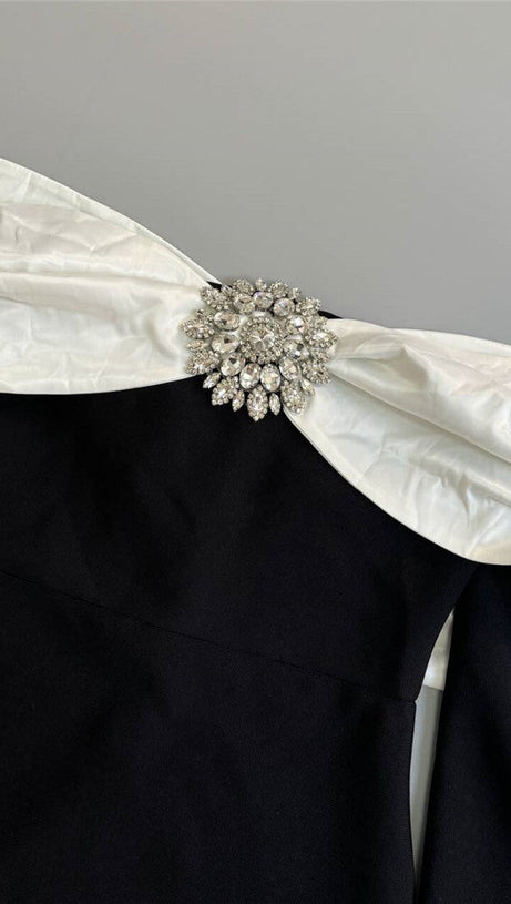 OFF NECK BACKLESS DIAMOND BANDAGE BLACK MAXI DRESS