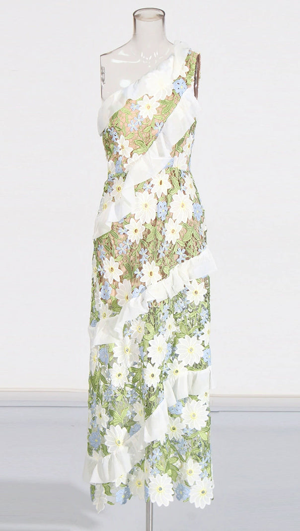 AIIZIE FLORAL ONE SHOULDER LACE MAXI DRESS IN GREEN - product image
