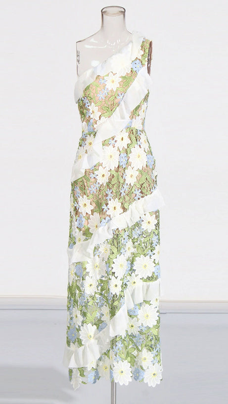 FLORAL ONE SHOULDER LACE MAXI DRESS IN GREEN