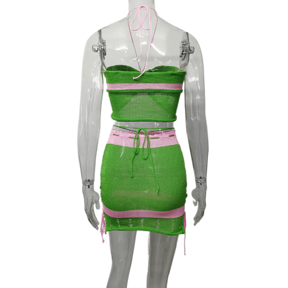 AIIZIE GREEN COLOR - BLOCKED PEARL HALTER KNITTED SET - product image