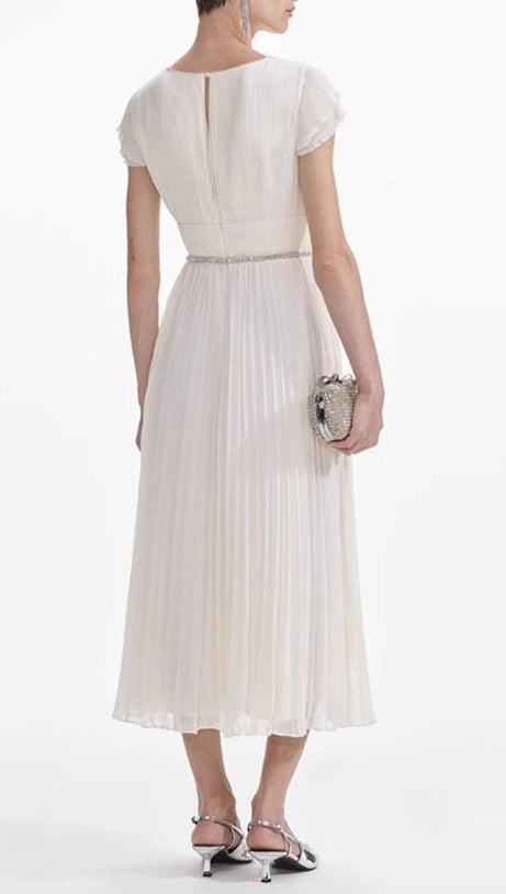 karen v-neck bow pleated chiffon midi dress - white