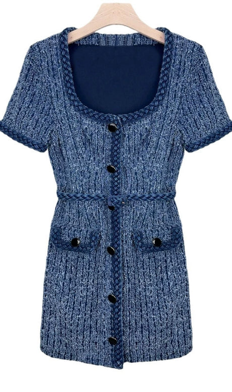 PATRICIA BRAIDED TRIM TEXTURED DRESS IN BLUE