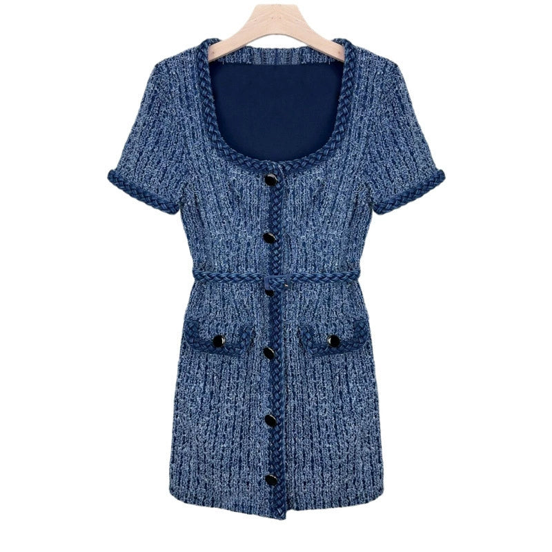 PATRICIA BRAIDED TRIM TEXTURED DRESS IN BLUE