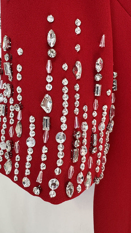 BIELA V-NECK CRYSTAL-EMBELLISHED MIDI DRESS IN RED