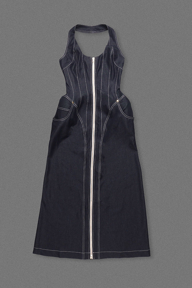 HALTERED CORSETED MIDI DRESS DENIM IN NAVY BLUE