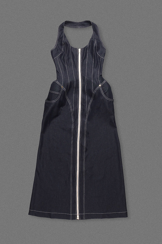AIIZIE HALTERED CORSETED MIDI DRESS DENIM IN NAVY BLUE - product image