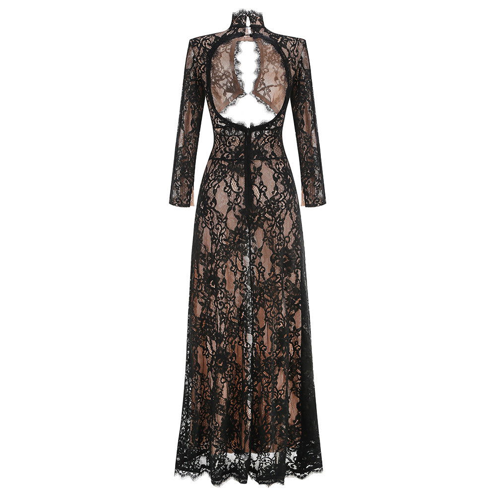 AIIZIE V-NECK LONG-SLEEVED LACE SHEER MAXI DRESS BLACK - product image
