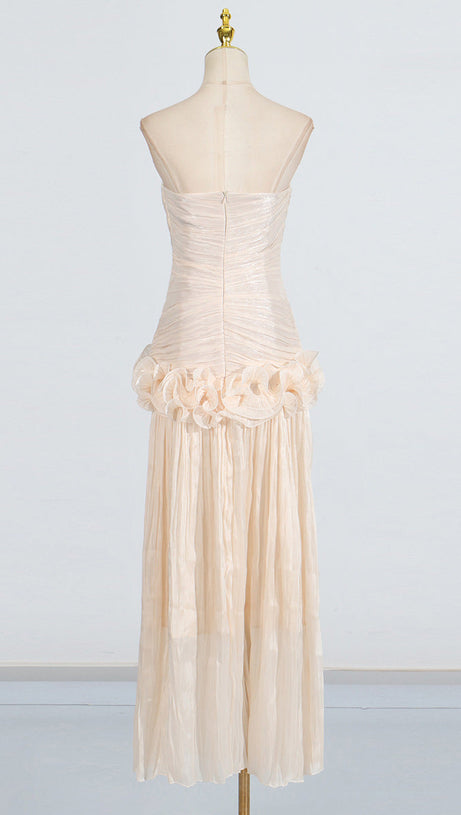 RUFFLE-EMBELLISHED PLEATED MAXI DRESS IN APRICOT