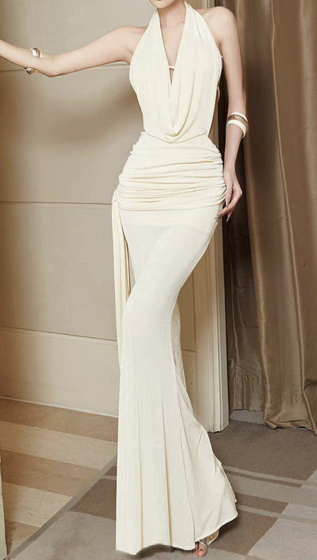 CAROL RUCHED HALTER BODYCON MAXI DRESS IN WHITE