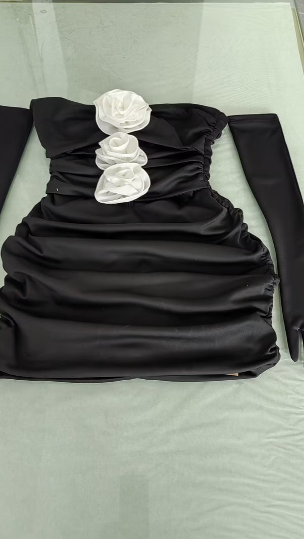 AIIZIE HOLLOWED-OUT EMBELLISHMENTS WITH WHITE ROSES MINI DRESS BLACK - product image