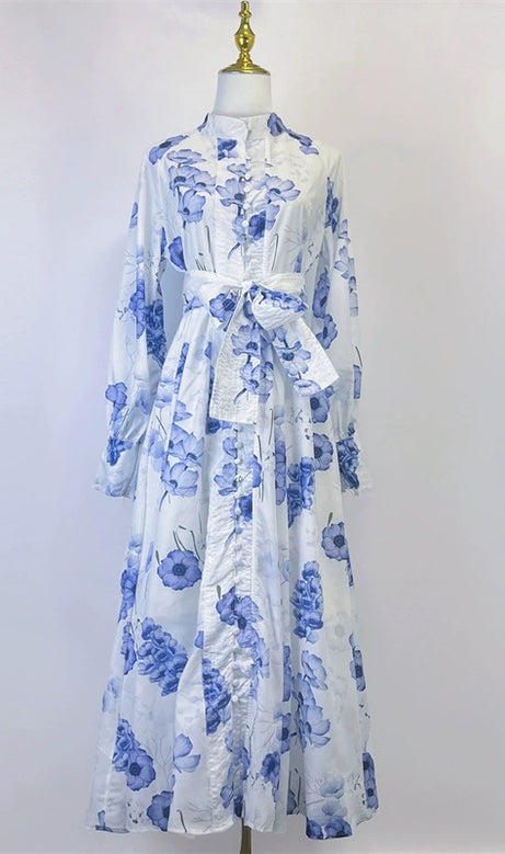 Maxikleid mit Laternenärmeln und Blumenmuster in Blau