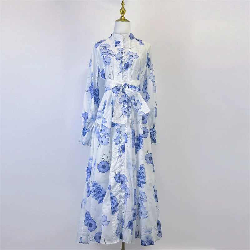 LANTERN SLEEVE FLORAL PRINT MAXI DRESS IN BLUE