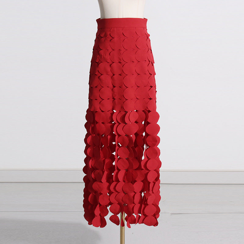 CIRCLE CUTOUT FRINGE SKIRT IN RED