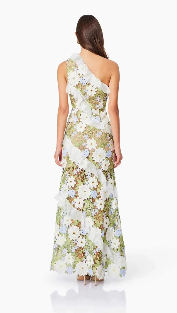 AIIZIE FLORAL ONE SHOULDER LACE MAXI DRESS IN GREEN - product image
