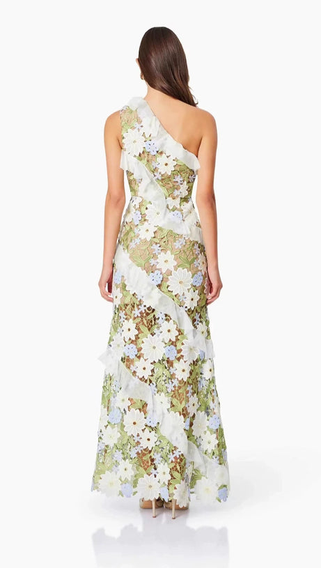 FLORAL ONE SHOULDER LACE MAXI DRESS IN GREEN