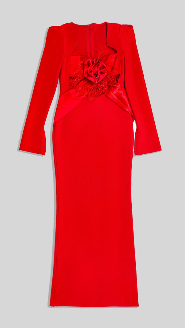 AIIZIE RUBY RADIANCE PADDED SHOULDER HEART CUT SATIN DRESS - product image