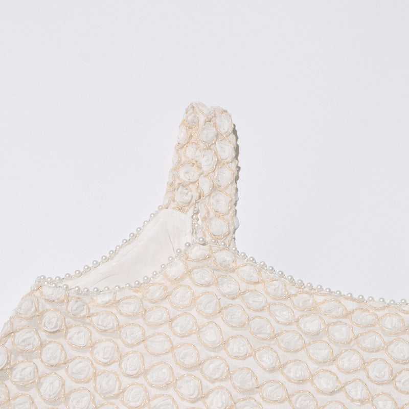 SYLVIA BEIGE STICKEREI ÄRMELLOSES MIDIKLEID