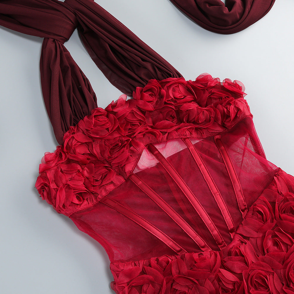 AIIZIE RED FLORAL APPLIQUE HALTER NECK MINI DRESS - product image