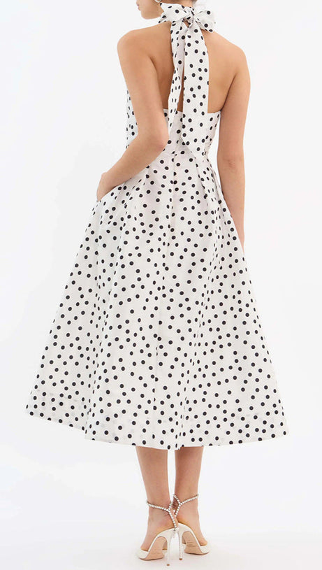 BOW POLKA DOT HALTER NECK MIDI DRESS IN WHITE