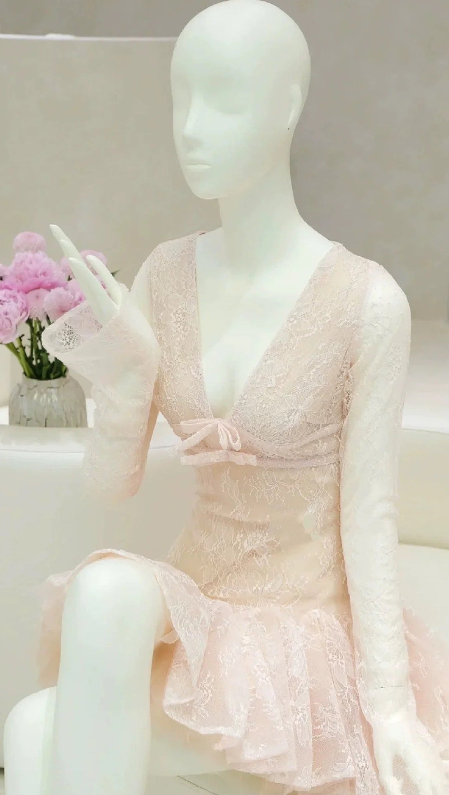 EILEEN LONG-SLEEVE V-NECK LACE A-LINE MINI DRESS IN PINK