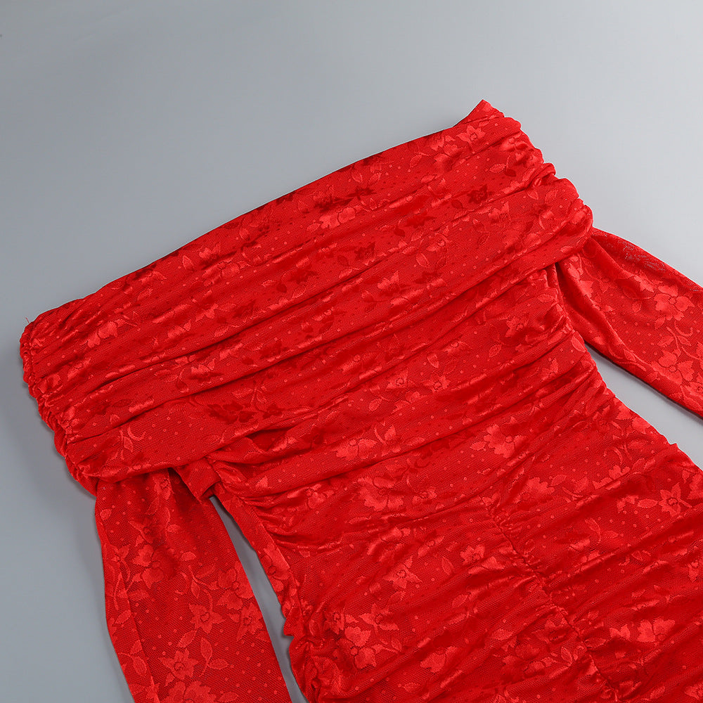 AIIZIE RED OFF - SHOULDER LACE GLOVE - ATTACHED MINI DRESS - product image