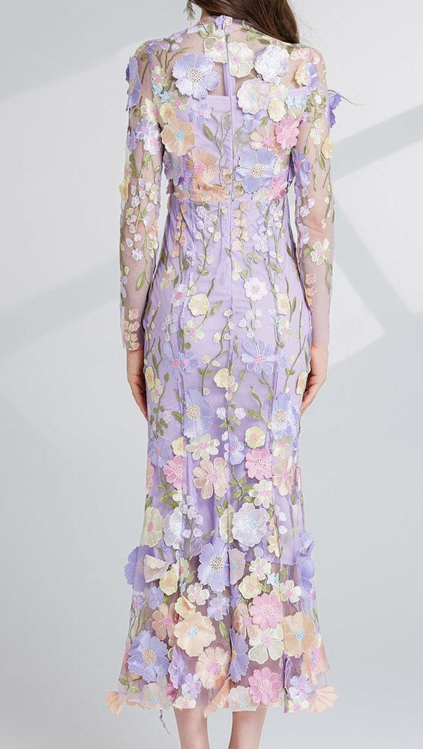 AIIZIE CAROL PURPLE FLORAL EMBROIDERY MESH LONG SLEEVE MIDI DRESS - product image