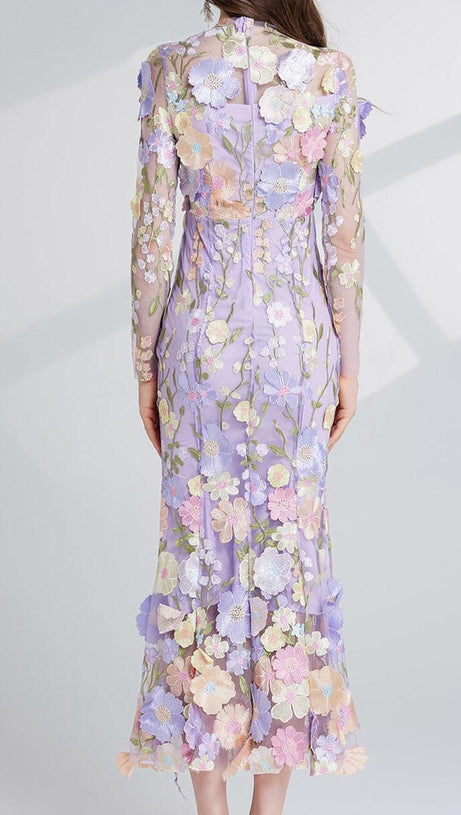CAROL PURPLE FLORAL EMBROIDERY MESH LONG SLEEVE MIDI DRESS