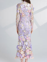 CAROL PURPLE FLORAL EMBROIDERY MESH LONG SLEEVE MIDI DRESS