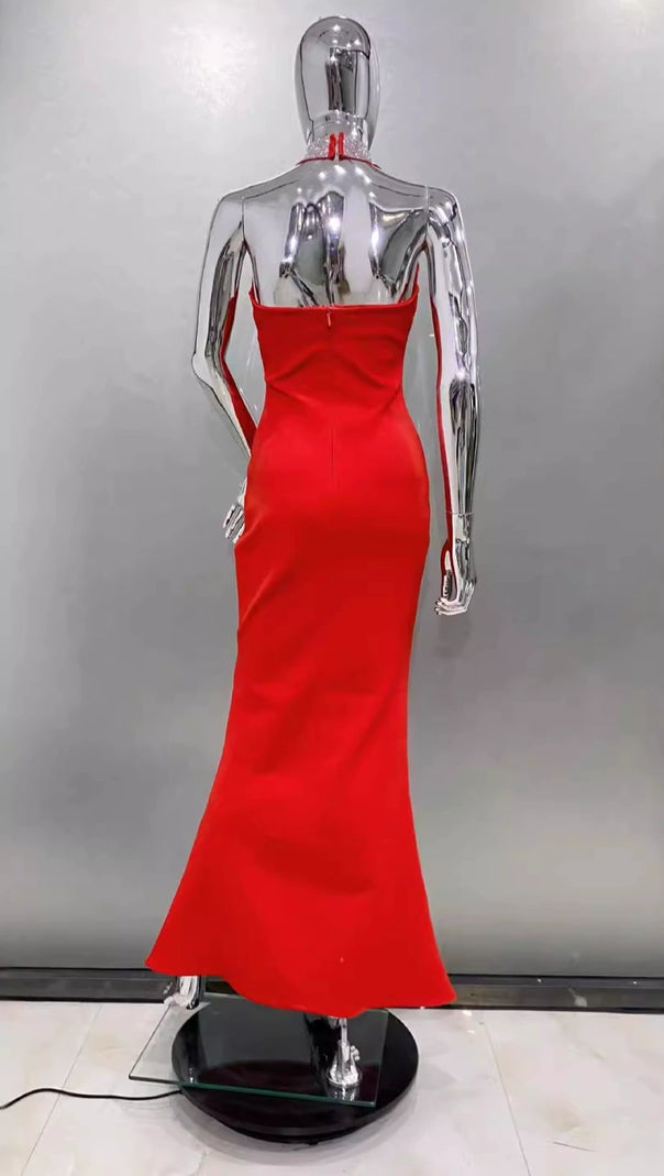 AIIZIE HEDWIG CRYSTAL HALTER SLEEVELESS BODYCON MAXI DRESS IN RED - product image