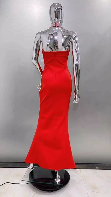 HEDWIG CRYSTAL HALTER SLEEVELESS BODYCON MAXI DRESS IN RED