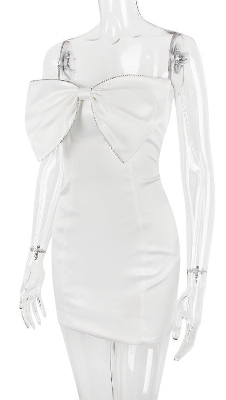SATIN CRYSTAL EMBELLISHED BOW DRESS IN WHITE