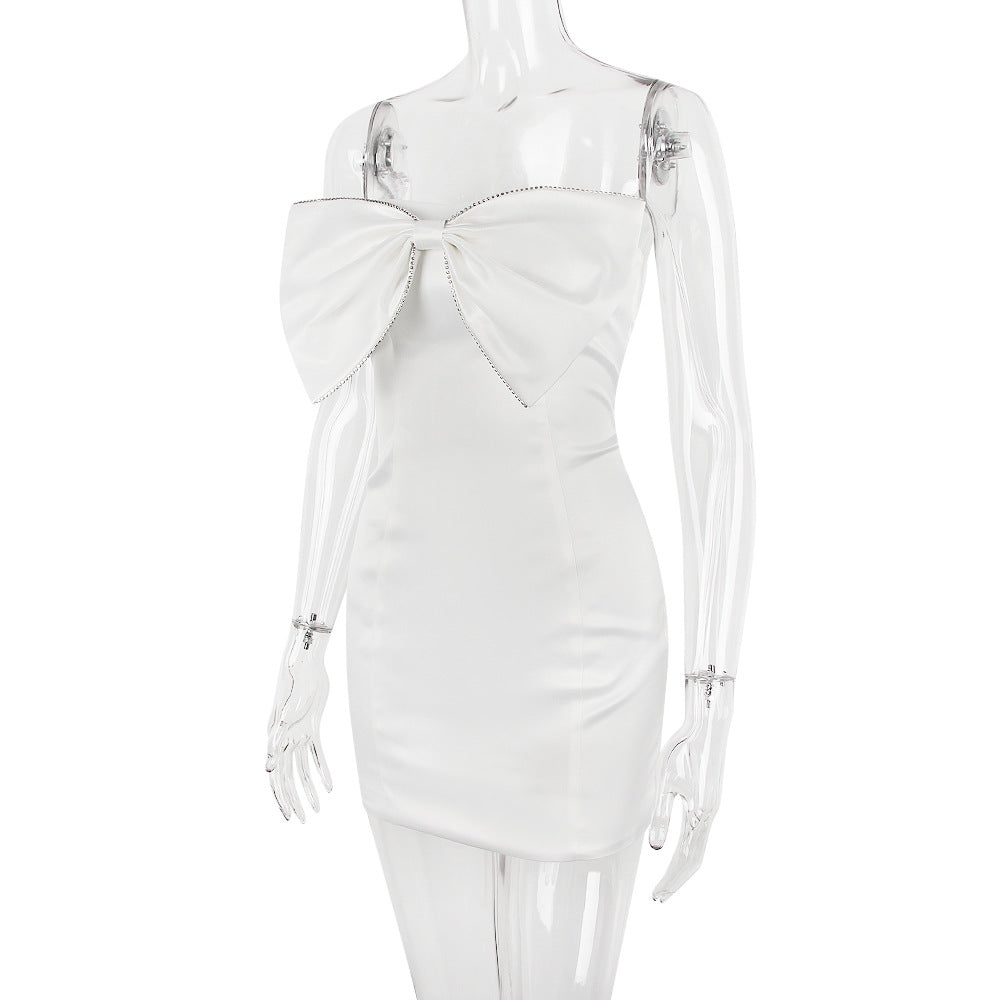 AIIZIE SATIN CRYSTAL EMBELLISHED BOW DRESS IN WHITE - product image
